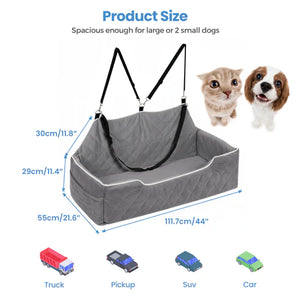 Pet car seat with dimensions and compatibility with different vehicle types on a white background at Pet Servo