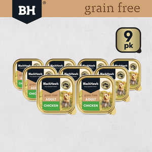 Packaging of Black Hawk grain-free chicken dog food on a light gray background at et Servo