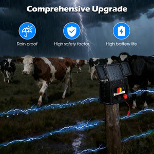 Electric fence with cows in a field, featuring rainproof, high safety factor, and high battery life icons at Pet Servo