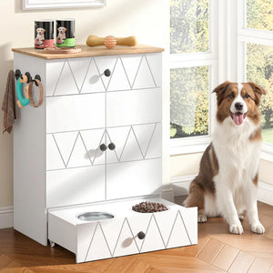 White pet station with geometric design, dog food, and a dog sitting next to it.