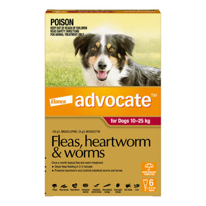 Advocate flea, heartworm, and worm treatment for dogs packaging with a dog on the label at Pet Servo