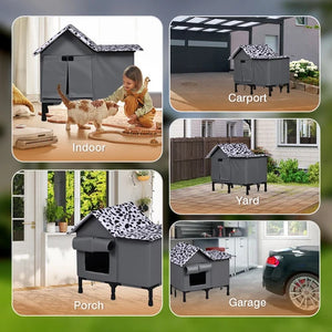 A collage showing a small gray fabric pet playhouse in five different real-world settings: indoor, carport, yard, porch, and garage. A child and cat are visible in the indoor scene, and the playhouse is shown parked near a car in the garage scene at Pet Servo