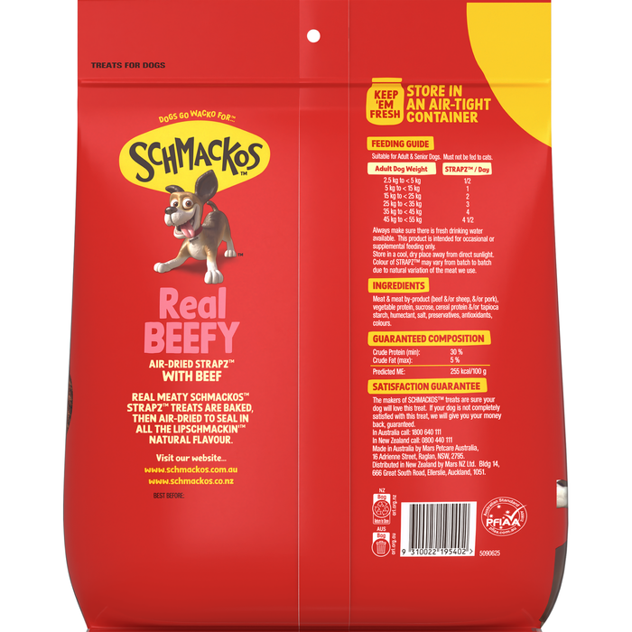 Red package of Schmackos Real Beefy dog treats with branding and text.