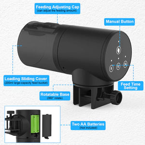 Black pet feeder with labeled features on a light gray background at Pet Servo