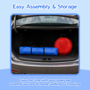 Trunk of a car with a blue and red bag, text about easy assembly and storage.