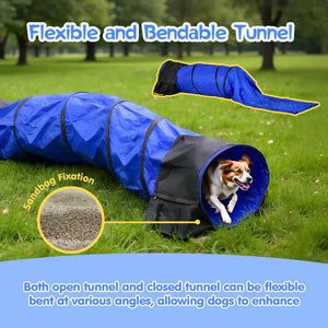 Dog playing with a blue and black tunnel on grass, with text highlighting its flexibility.