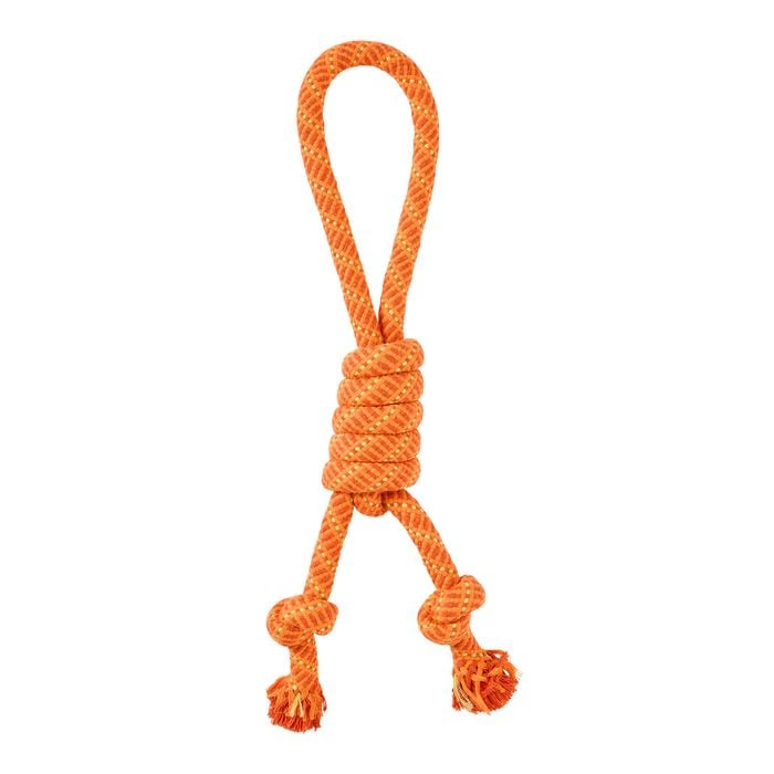 Orange rope toy with a knot on a white background