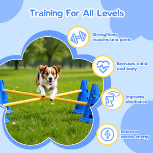 Dog running through an agility course with text about training benefits on a blue background