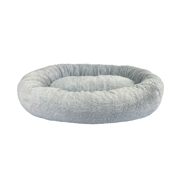 Gray donut-shaped pet bed on a white background at Pet Servo