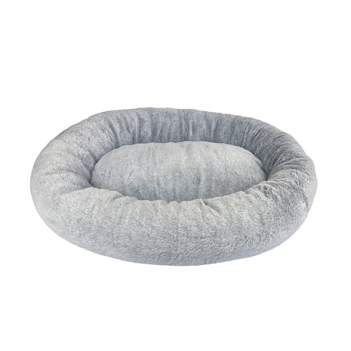 Gray donut-shaped pet bed on a white background at Pet Servo
