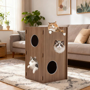 Wooden cat playhouse with cats inside in a living room setting