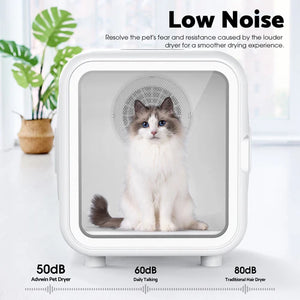 Pet dryer with a cat inside, showing low noise levels compared to traditional hair dryers at Pet Servo