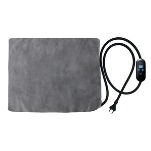 Gray heating pad with a power cord and control panel on a white background