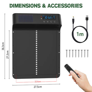 Black electronic device with dimensions, USB cable, screws, and remote control on a white background.