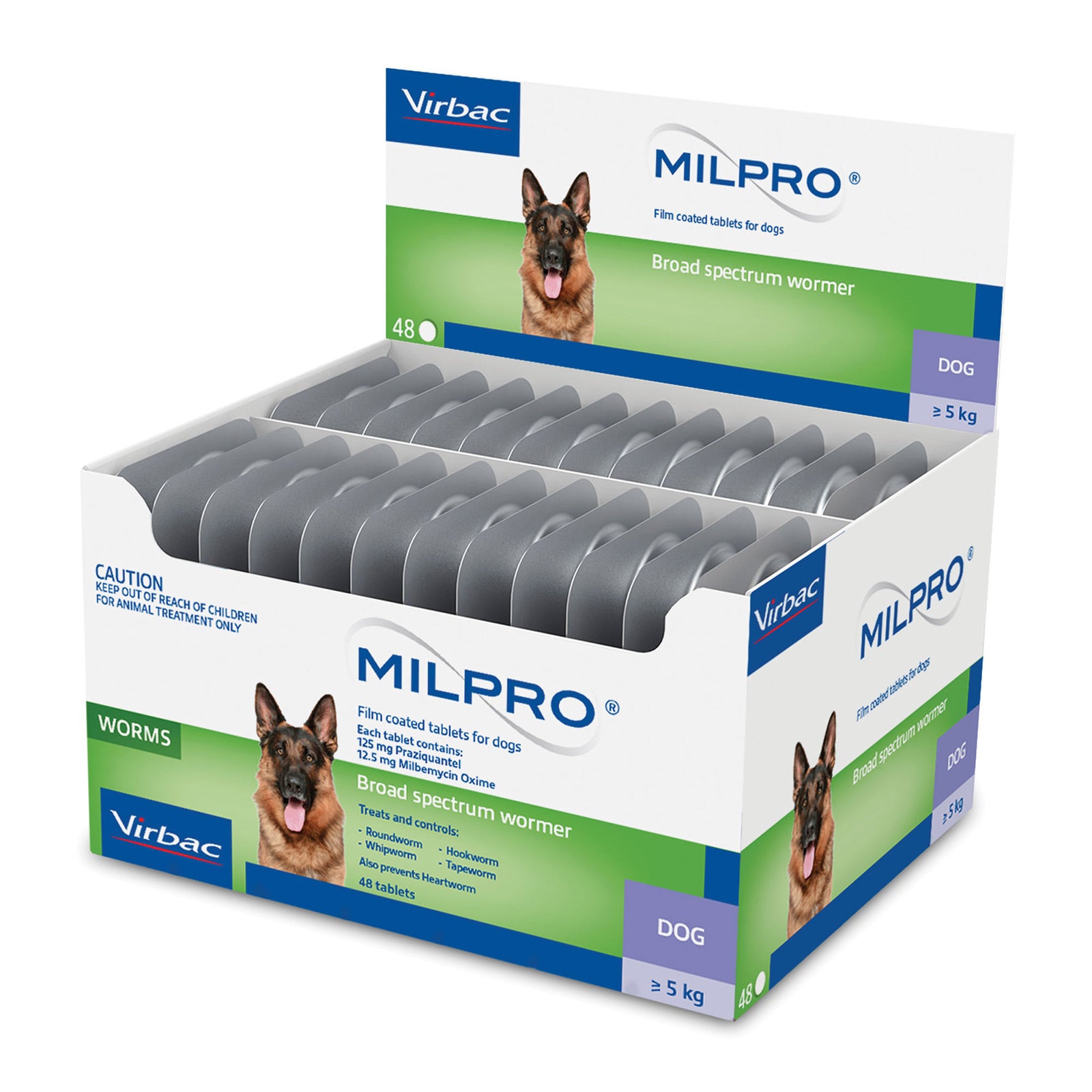 Box of Virbac Milpro broad spectrum wormer for dogs on a white background at Pet Servo