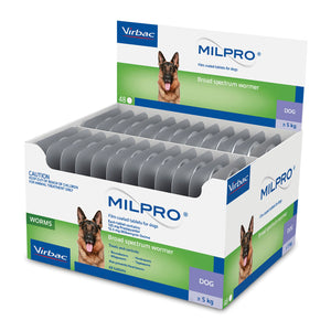 Box of Virbac Milpro broad spectrum wormer for dogs on a white background at Pet Servo