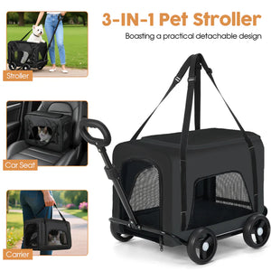 3-in-1 pet stroller with detachable car seat and carrier, shown in use scenarios.