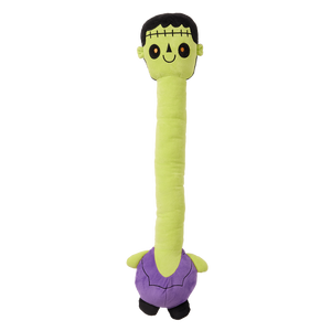 Plush toy resembling a character with a long green body and purple base on a white background at Pet Servo