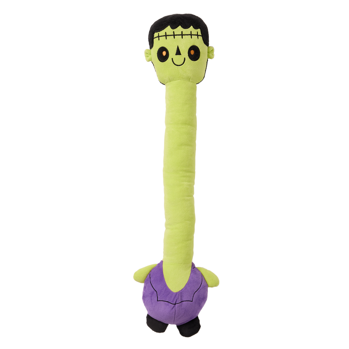 Plush toy resembling a character with a long green body and purple base on a white background at Pet Servo
