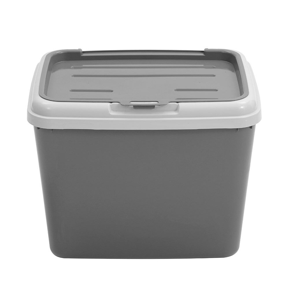 Gray storage bin with a lid on a white background at Pet Servo