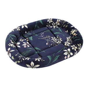 Navy blue pet bed with floral pattern on a white background at Pet Servo