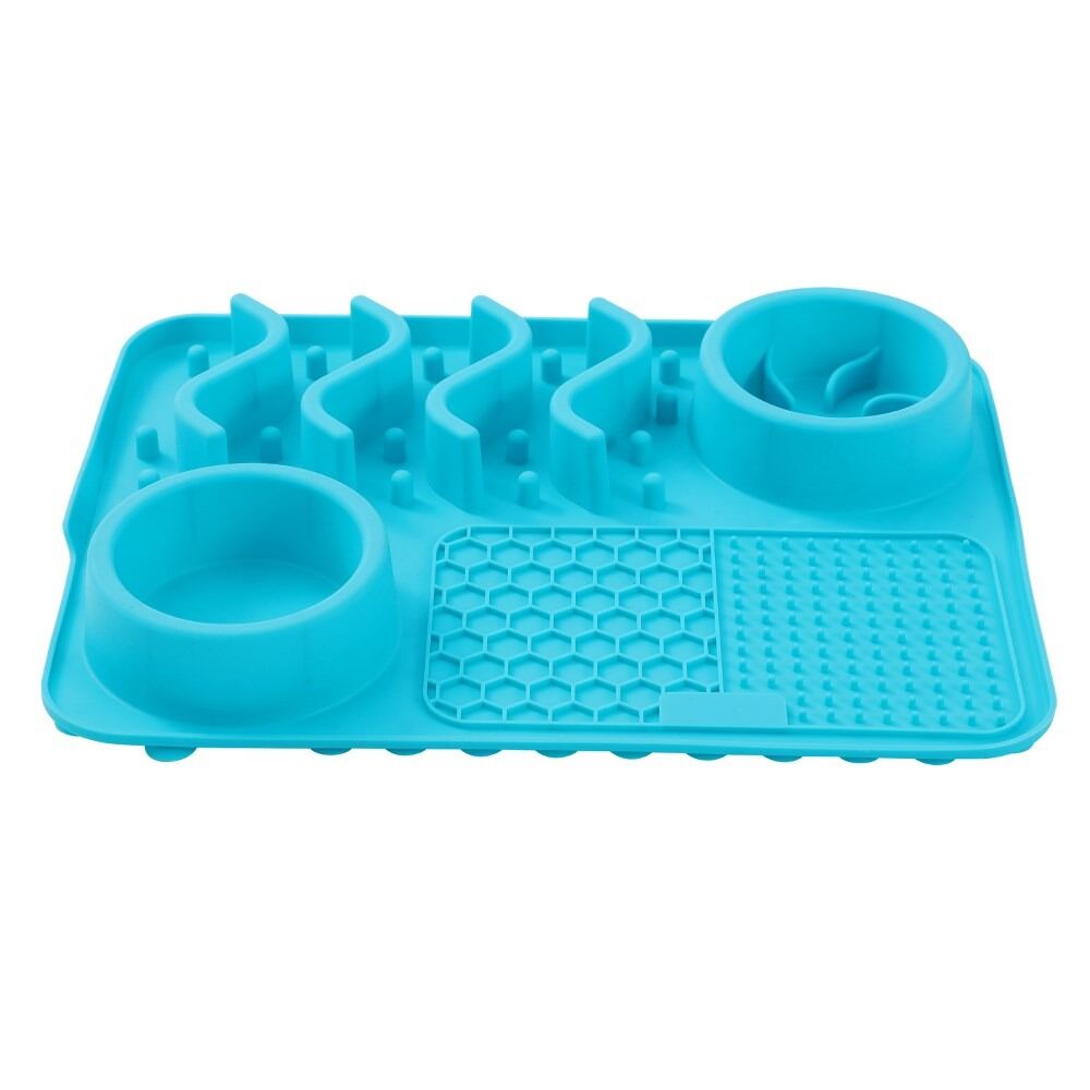 Blue silicone mat with two bowl holders on a white background at Pet Servo