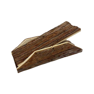A rustic wooden bookend or stand made from two bark-edged wood pieces joined by a small metal spring, shown on a plain white background at Pet Servo