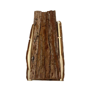A rustic wooden bookend featuring a textured bark front panel and light-colored wood side supports, isolated on a white background at Pet Servo