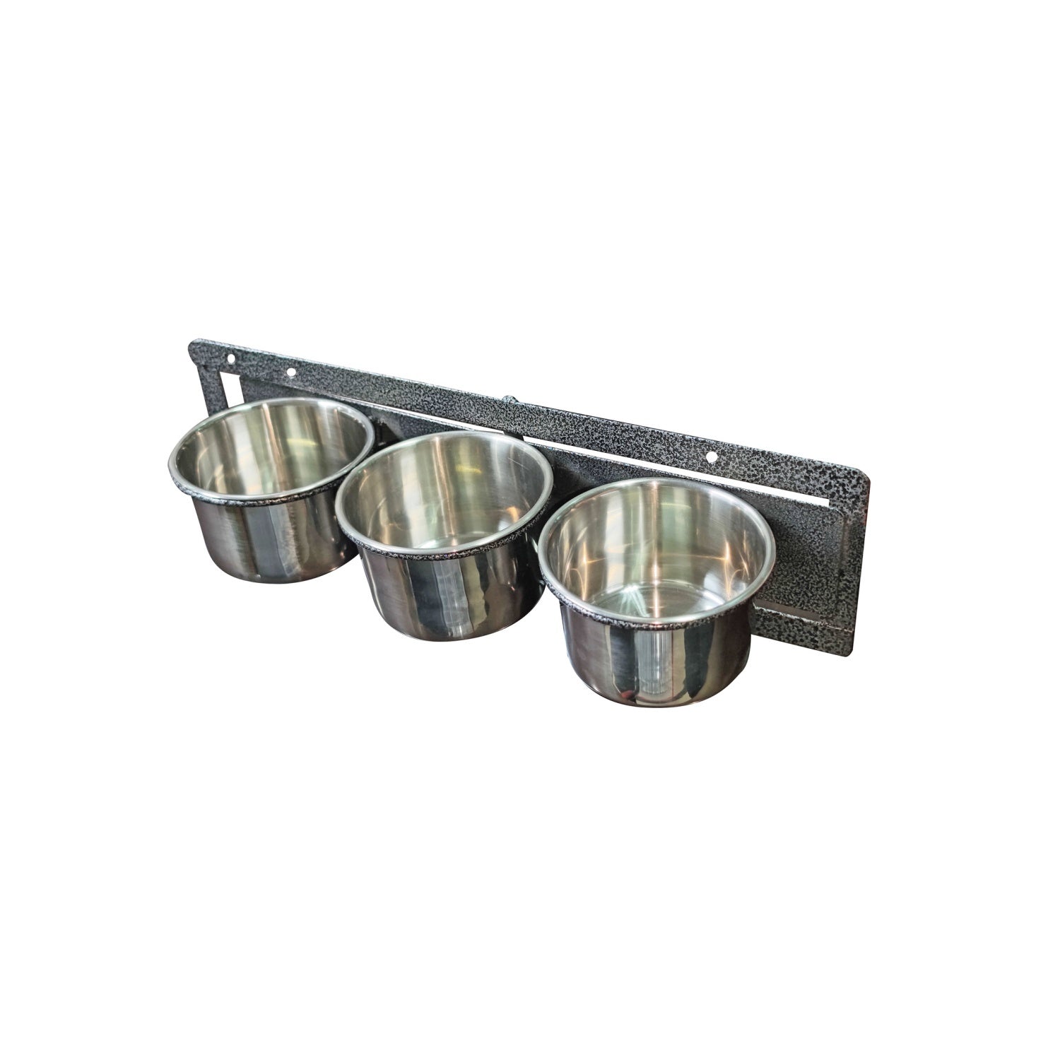 Set of three metal dog bowls mounted on a wall bracket against a white background at Pet Servo