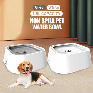 Two non-spill pet water bowls, one gray and one white, with a dog lying on the floor at Pet Servo