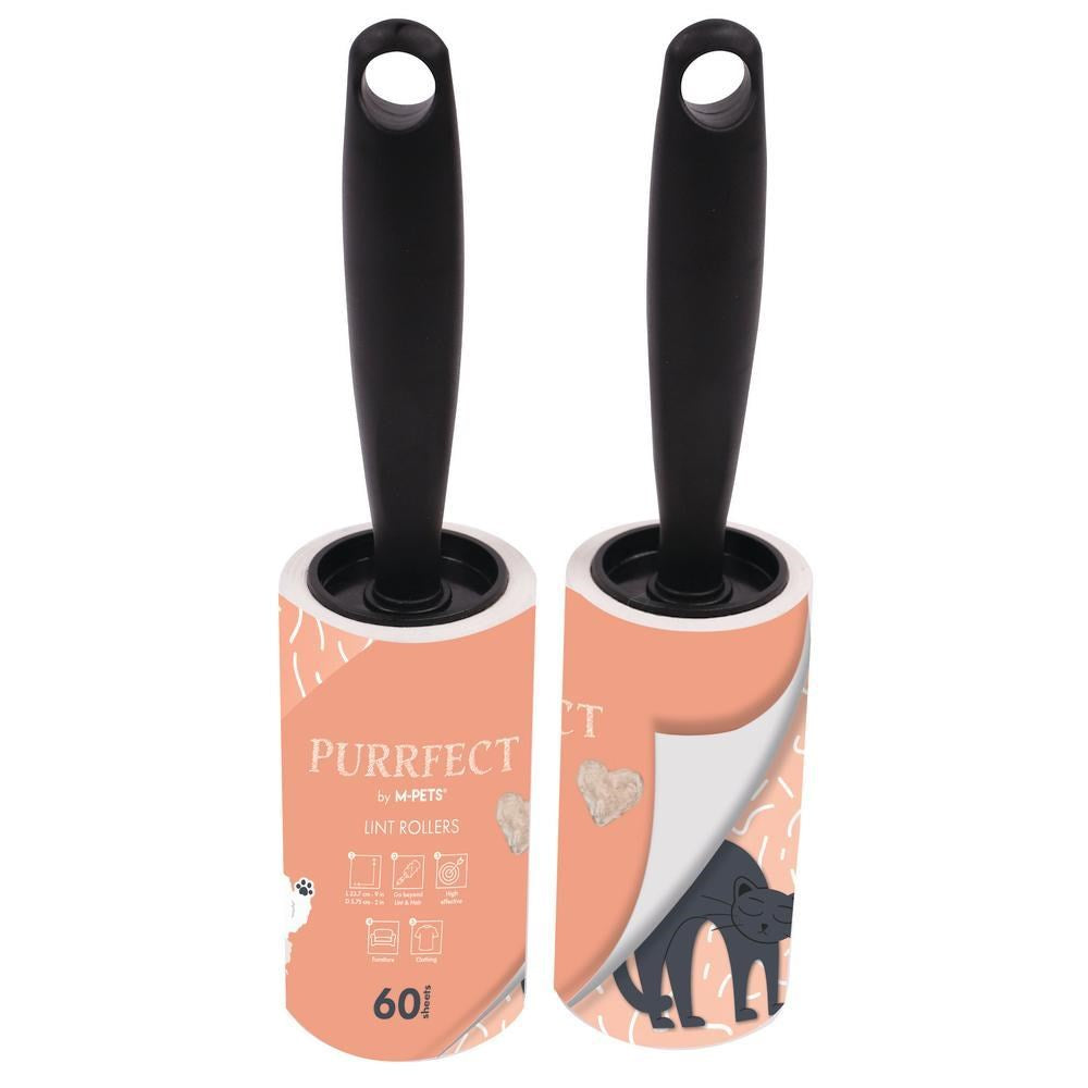 Two Purrfect by Saffrey pet hair remover lint rollers with black handles and peach-colored wrapping, shown on a plain white background at Pet Servo