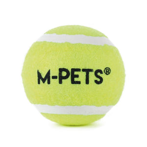 Yellow tennis ball with white stripes and 'M-Pets' branding on a white background at Pet Seervo