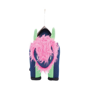 A plush monster toy with a bright pink shaggy mane, dark blue body, and light green horns and side accents, shown against a plain white background at Pet Servo