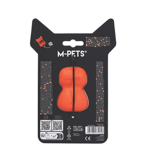 An orange dog chew toy in its original black retail blister packaging, branded M-PETS at Pet Servo