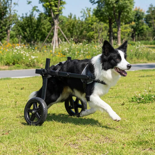 Dog using a wheelchair in a grassy outdoor setting at Pet Servo