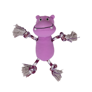 A pink hippo-shaped dog toy with knotted rope arms and legs on a plain white background.