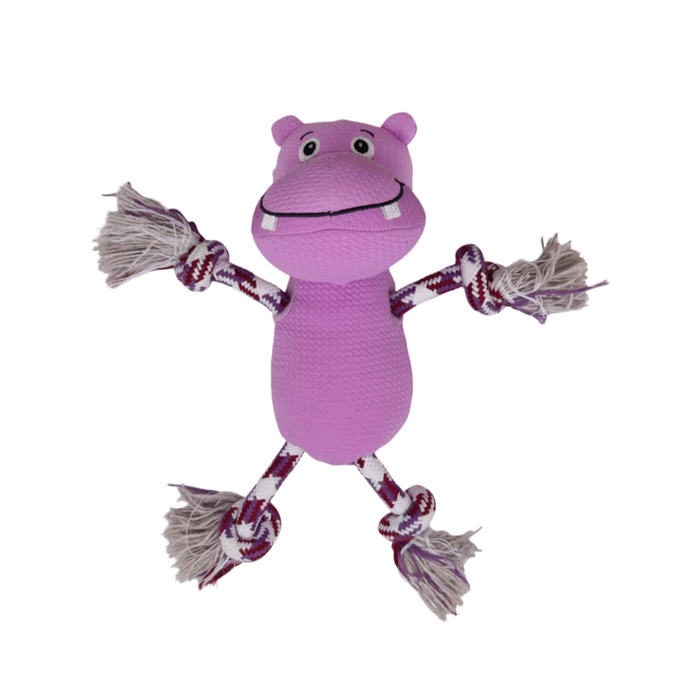 A pink hippo-shaped dog toy with knotted rope arms and legs on a plain white background.