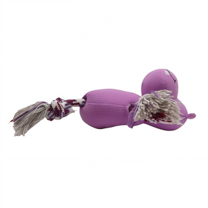 A purple textured dog tug toy with a knotted rope tail and white tassel, shown on a plain white background.