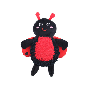 A ladybug-shaped plush toy with a black body, red antennae, red wings, and a red textured belly, shown on a plain white background.