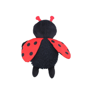 A ladybug-shaped plush toy shown from the back, featuring a black fuzzy body, red wings with black polka dots, and red antennae, isolated on a white background.