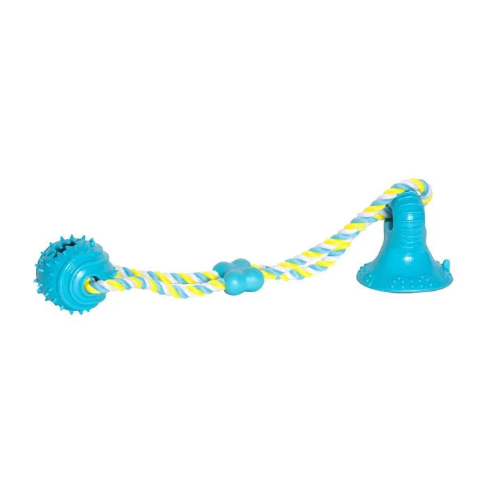 A blue dog tug toy with a textured ball on one end, a rope with yellow and white stripes through the center, and a bell-shaped handle on the other, shown on a plain white background.