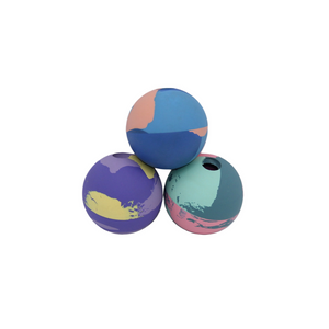 Three colorful bowling balls arranged in a pyramid on a plain white background.