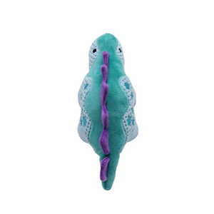 A plush dinosaur toy with a teal-green body, purple spines, and light blue and white patterned wings, shown against a plain white background.
