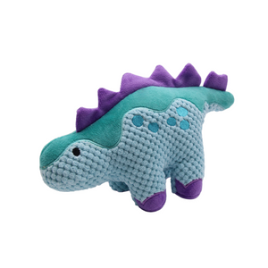A plush dinosaur toy with a knitted light blue body, purple spikes along the back, and purple feet, shown on a plain white background.
