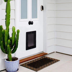 White door with a pet door, potted cactus, and doormat on a tiled floor at Pet Servo