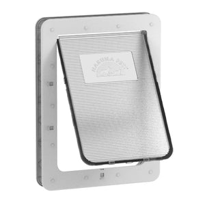 Pet door with a clear flap on a white background