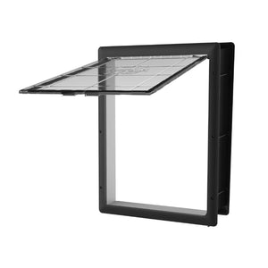 Black Large essential pet door outdoor table with glass top on a white background at Pet Servo
