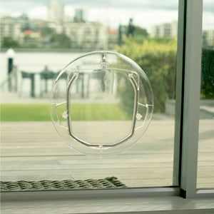 Clear pet door on a glass door with a view of a garden and buildings outside.