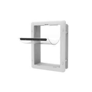 Essential White medium pet door with a black handle on a white background at Pet Servo