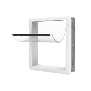 White pet door with a black flap on a white background at Pet Servo